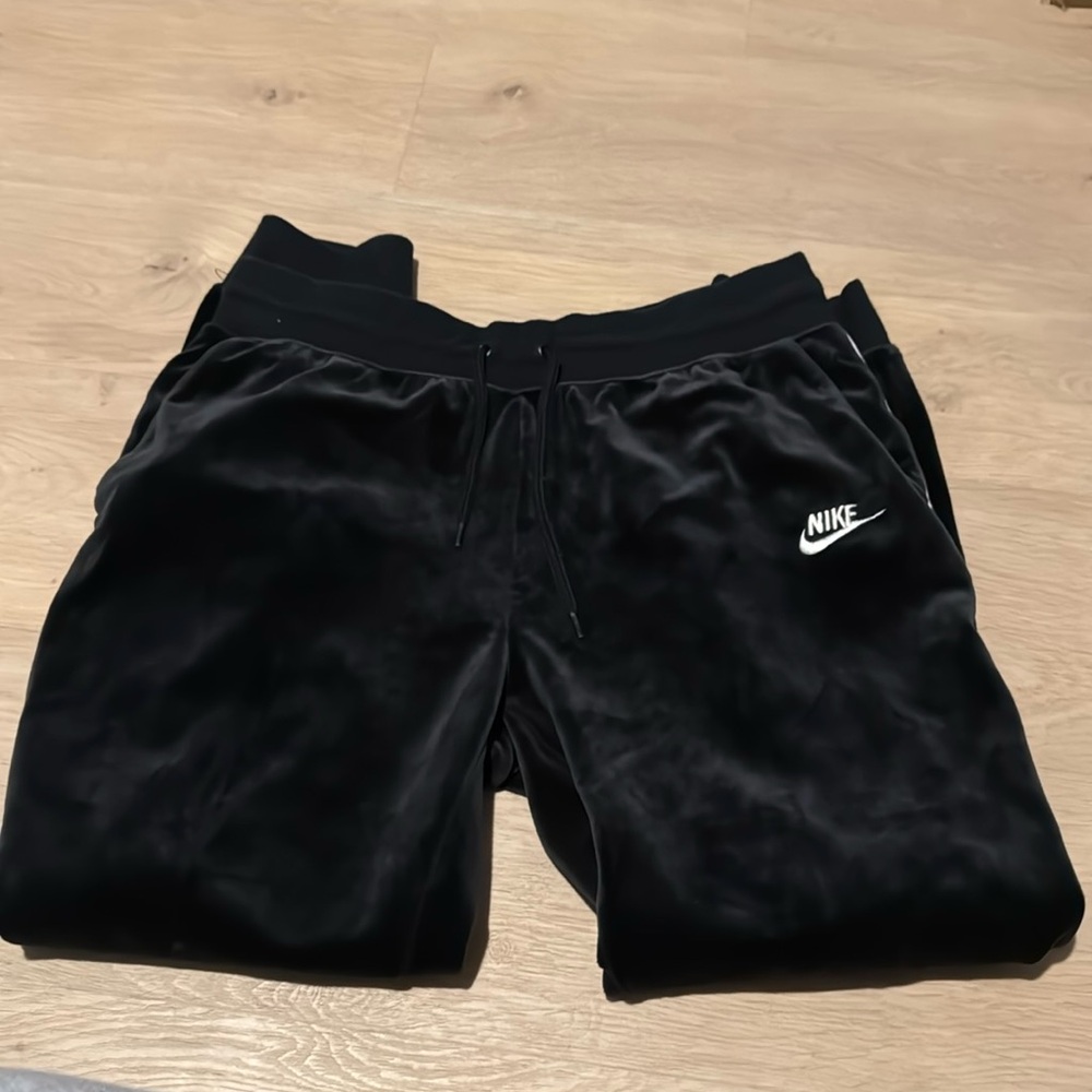 Nike velour/ velvet pants with white stripe down the sides and tie at waist